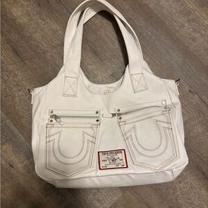 True Religion Cream Tote Bag with Stitch Detail